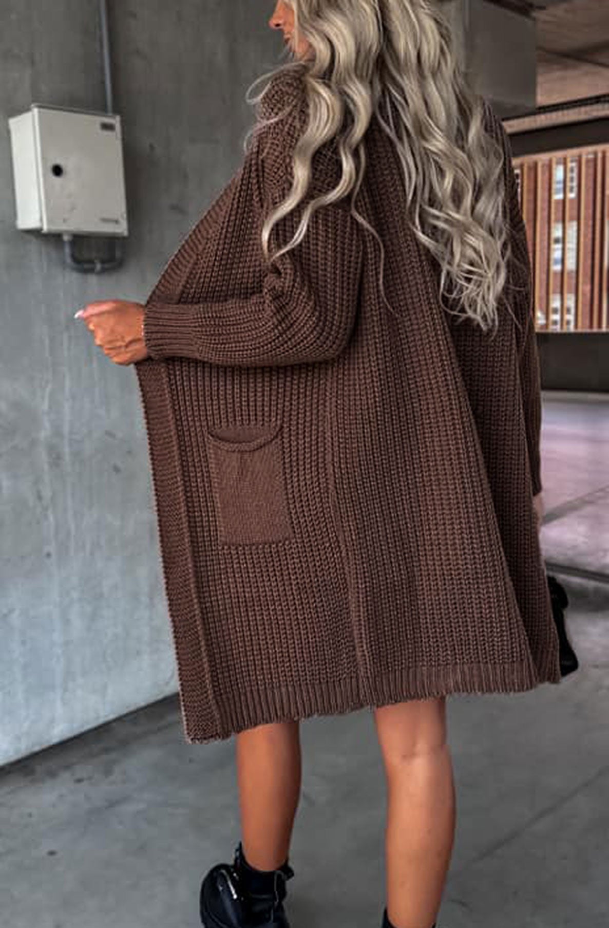 Kasha Longline Pocket Detail Knitted Cardigan-Dark Brown