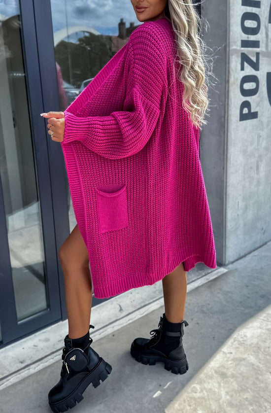 Kasha Longline Pocket Detail Knitted Cardigan-Hot Pink