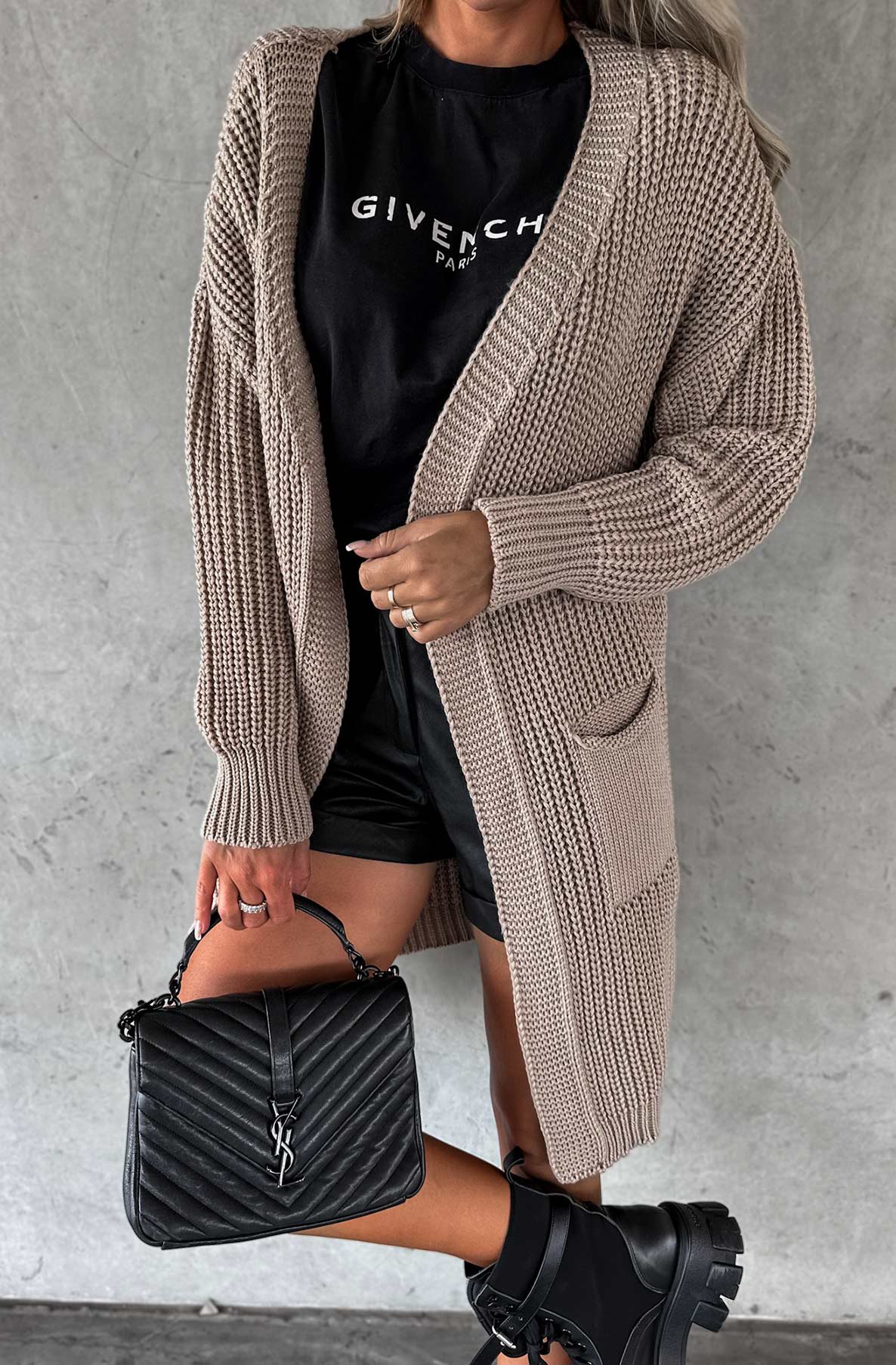Kasha Longline Pocket Detail Knitted Cardigan-Stone