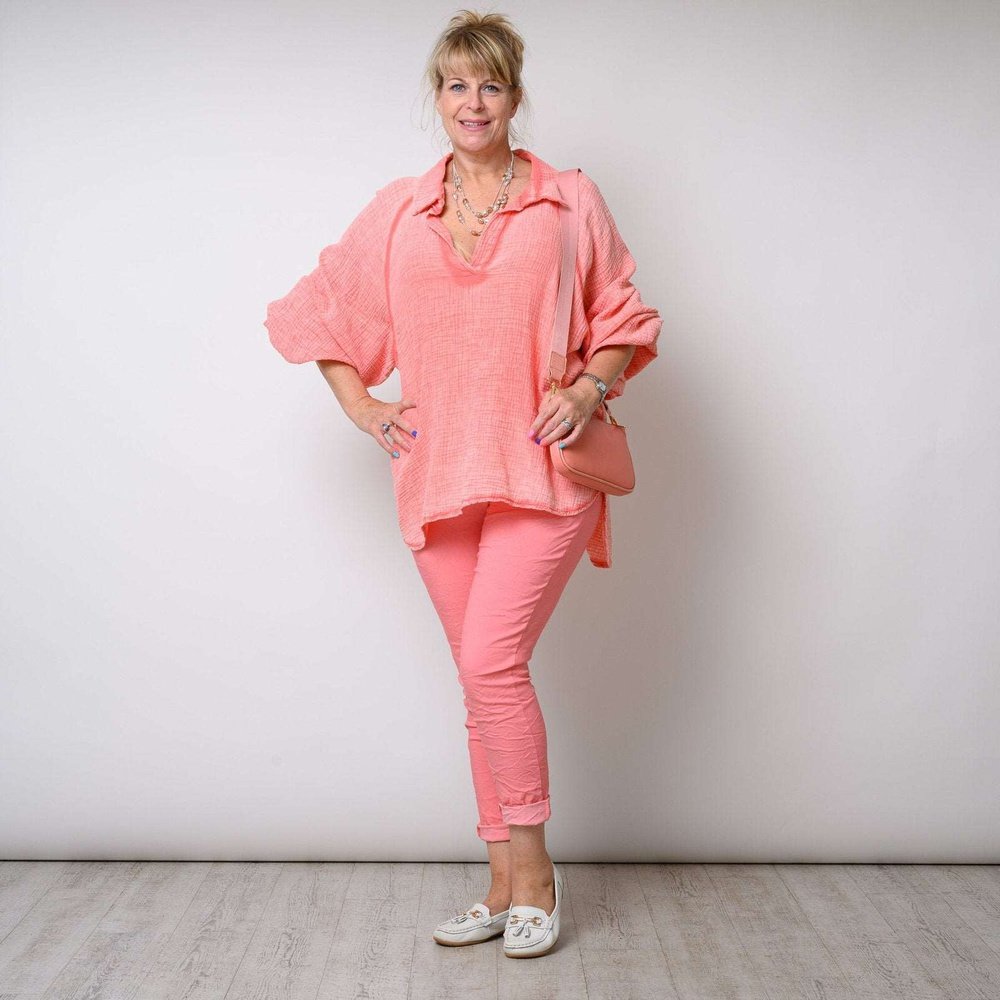 Stone Washed Waffle Effect Dip Hem Shirt Available in 4 Colours One Size - style-heaven