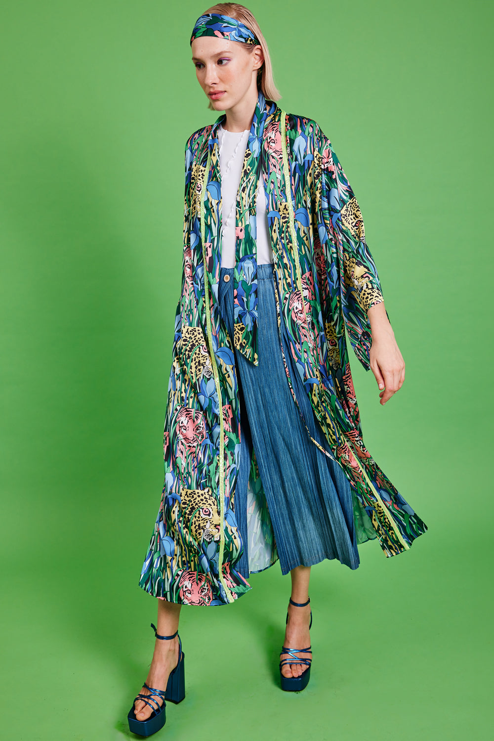 SLAKM395A-MULTI - Silk Blend Animal Print Kimono Dress