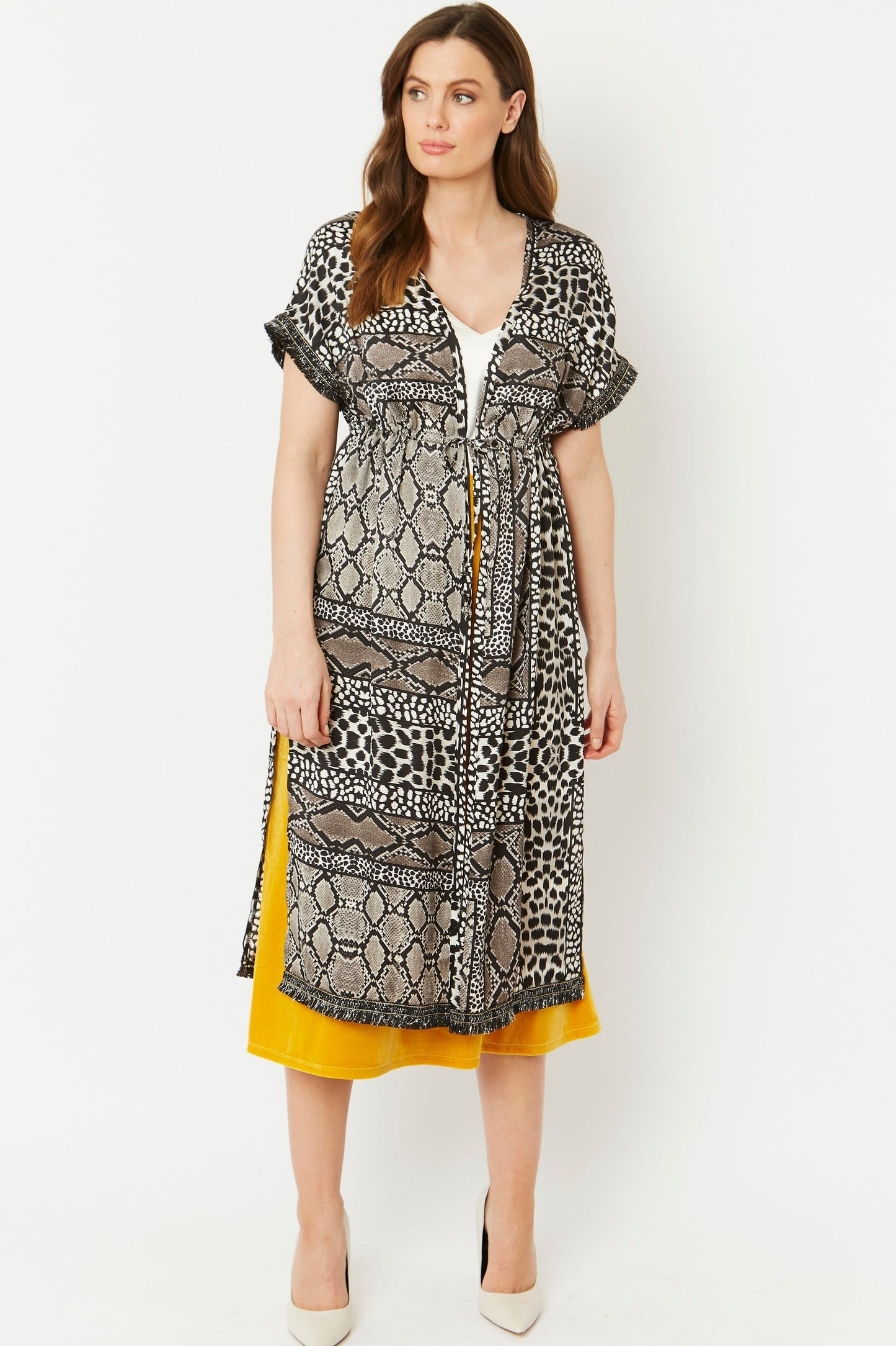 SLKSA195A-03 - Mixed Animal Print Silk Blend Tie-Waist Kimono