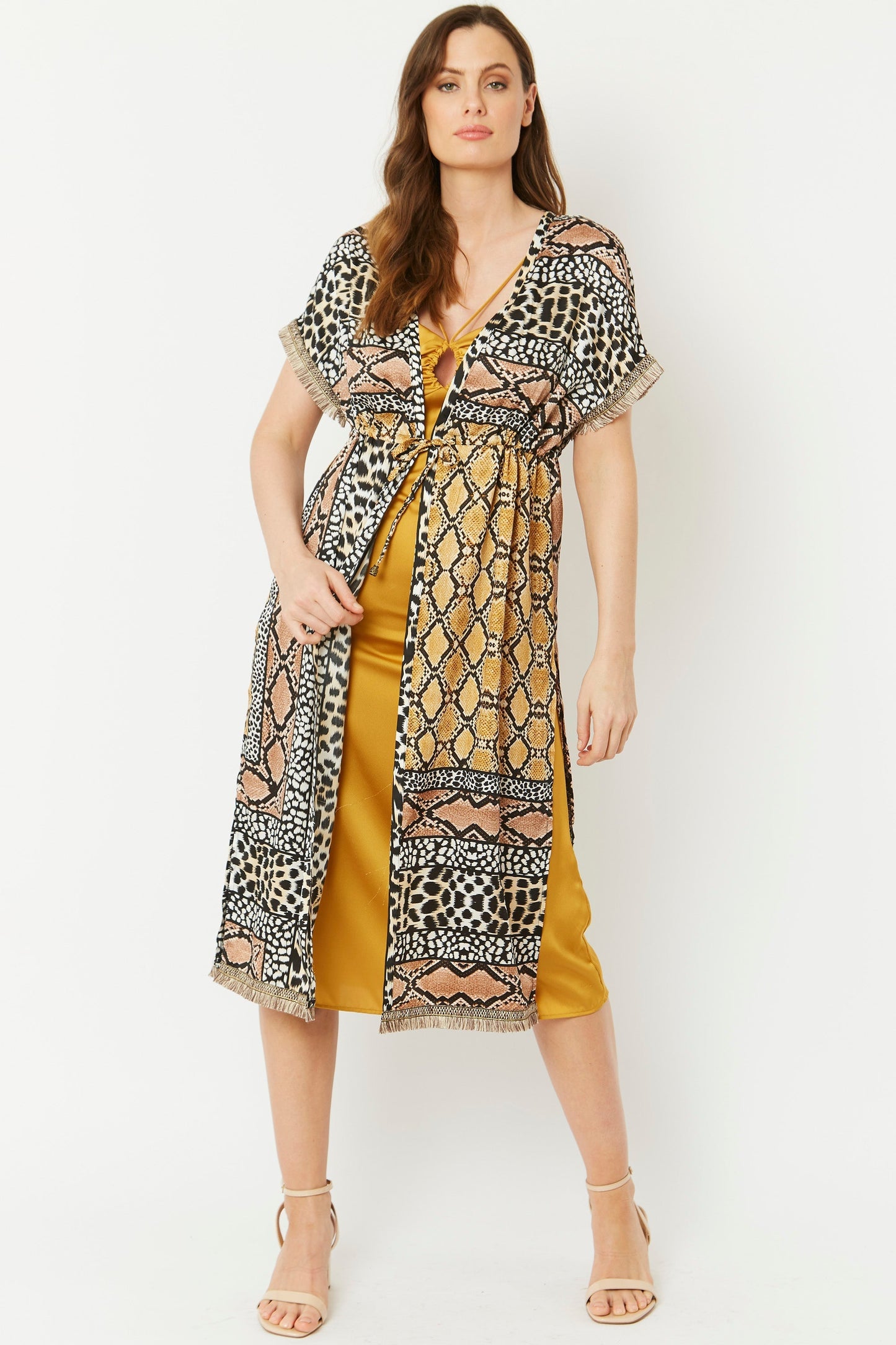 SLKSA195A-09 - Mixed Animal Print Silk Blend Tie-Waist Kimono