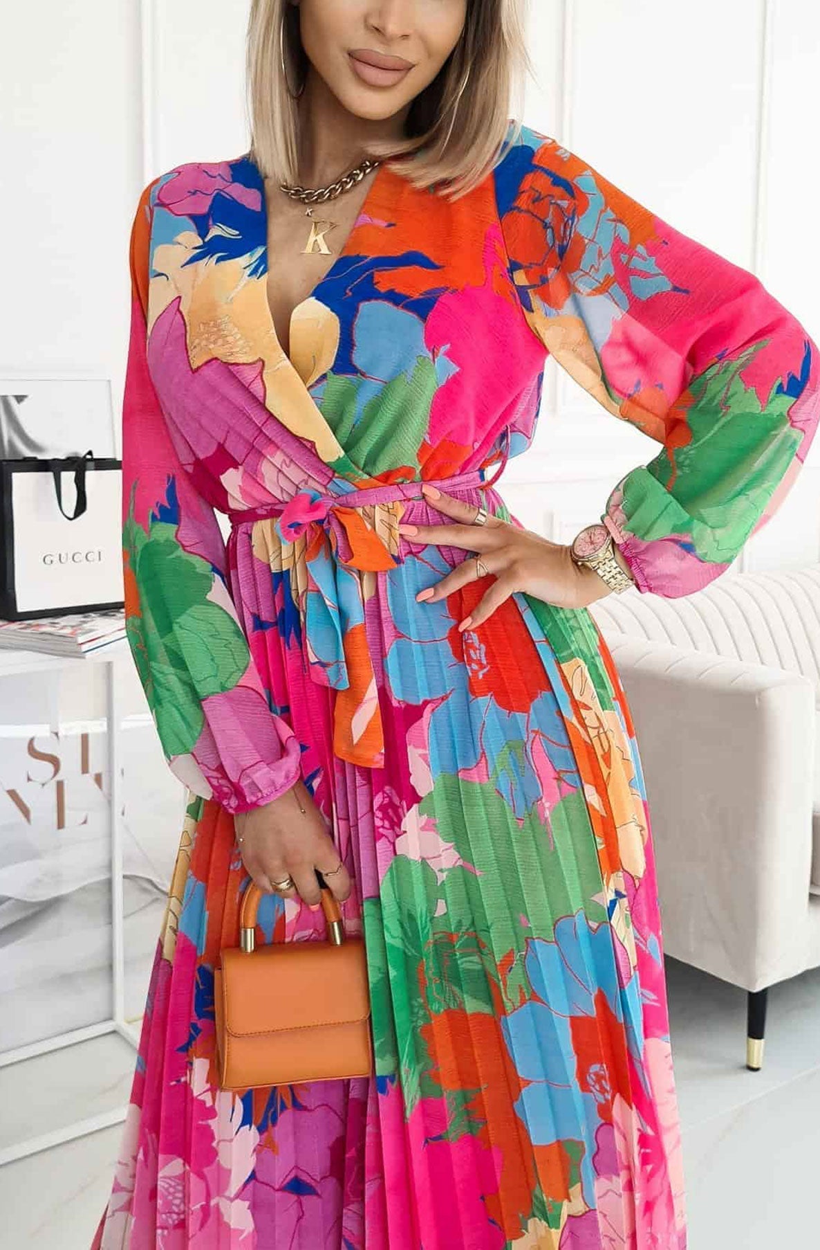Sharon Floral Chiffon Pleated Maxi Dress-Pink