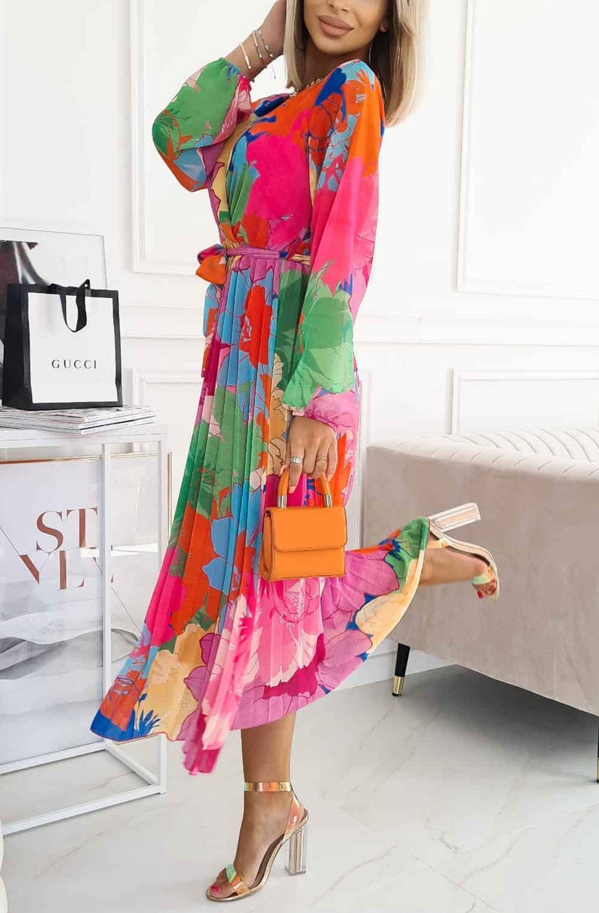 Sharon Floral Chiffon Pleated Maxi Dress-Pink