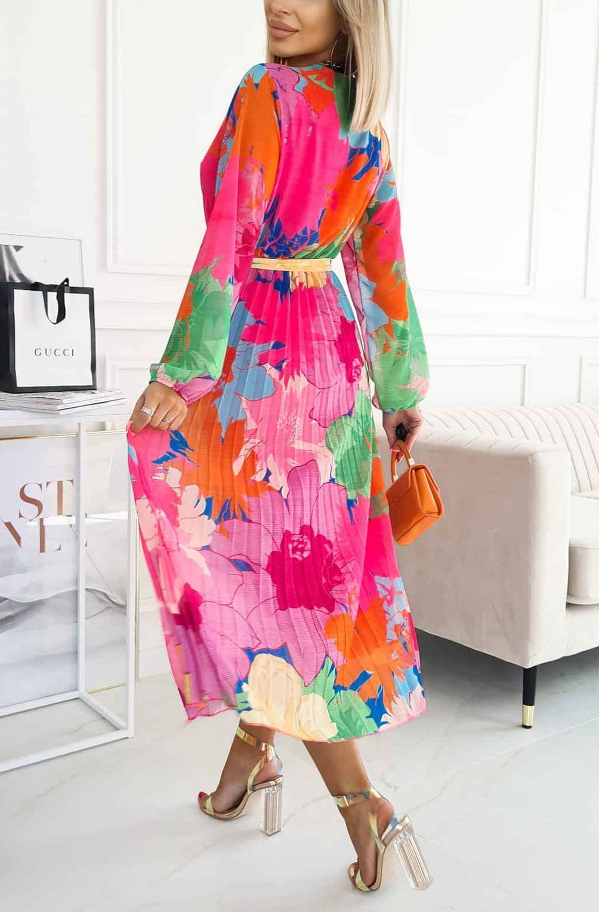 Sharon Floral Chiffon Pleated Maxi Dress-Pink