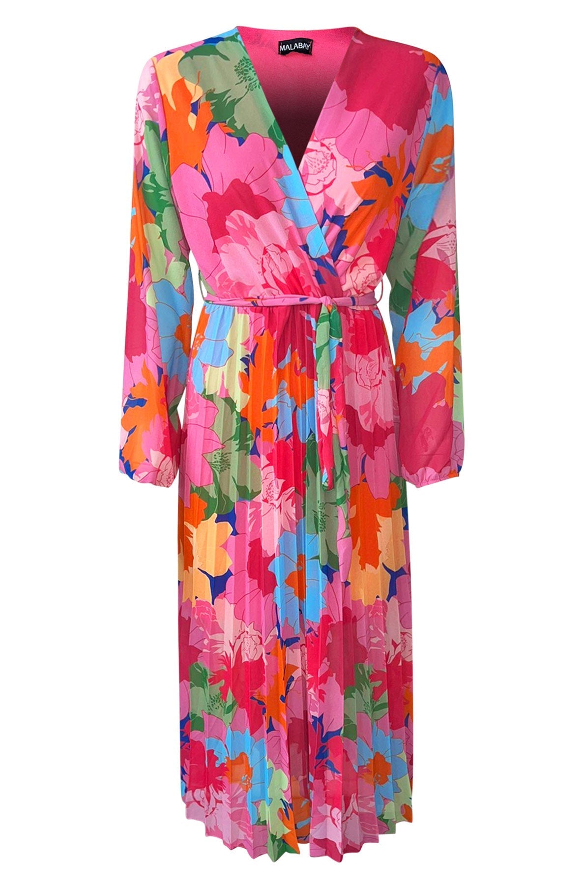 Sharon Floral Chiffon Pleated Maxi Dress-Pink