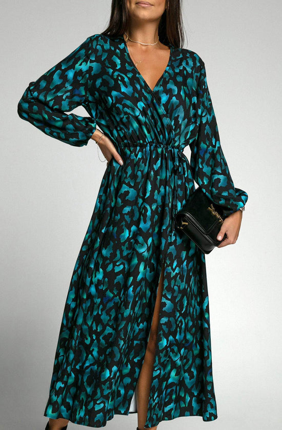 Zolana Leopard Print Side Slit Midaxi Dress-Teal