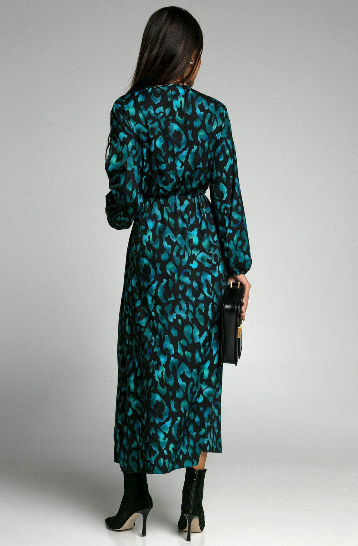 Zolana Leopard Print Side Slit Midaxi Dress-Teal
