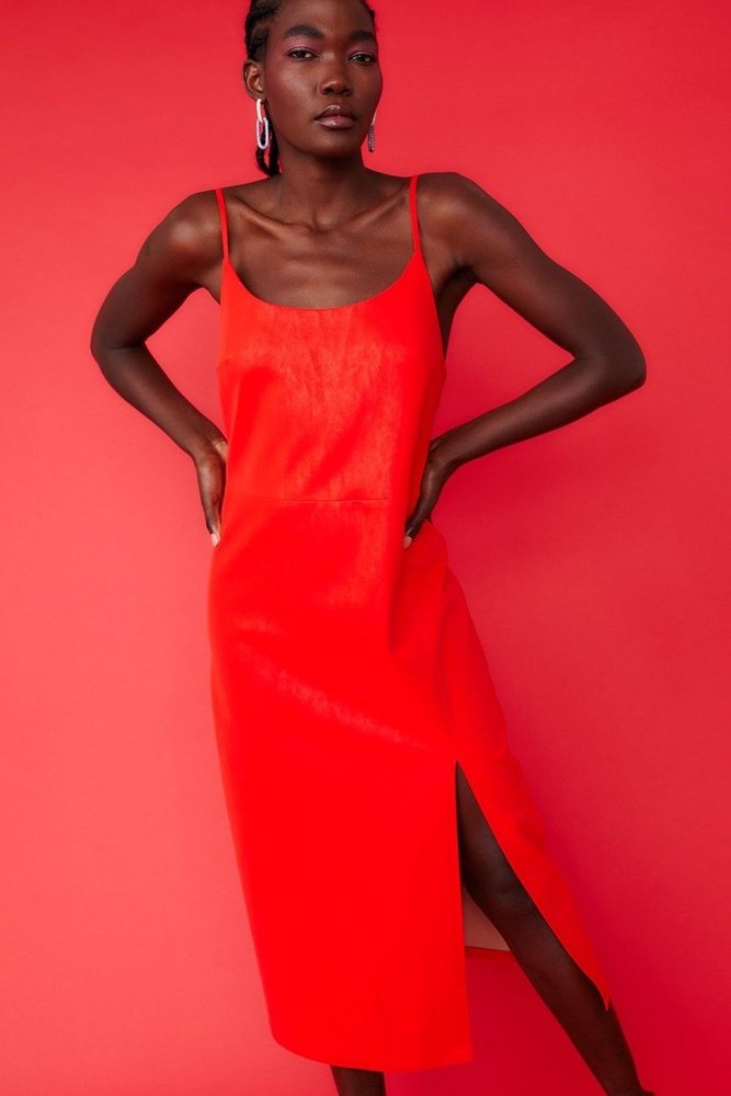 Jayley Red Midi Cami Style Pencil Dress with Split suziestyle-heaven