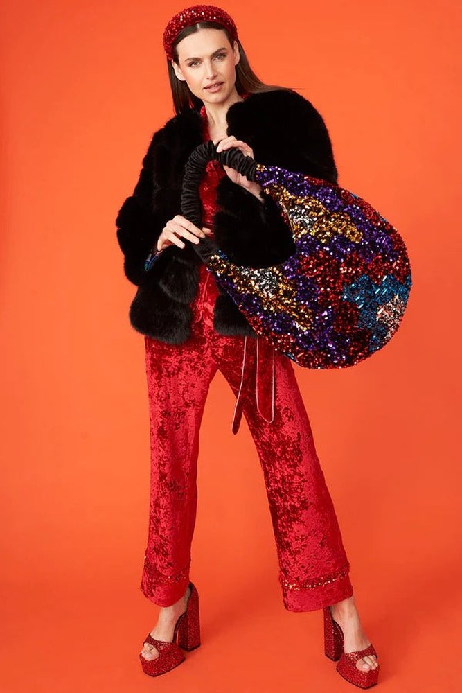 JAYLEY Black/Multi Sequin and Faux Fur Women's Bag style-heaven