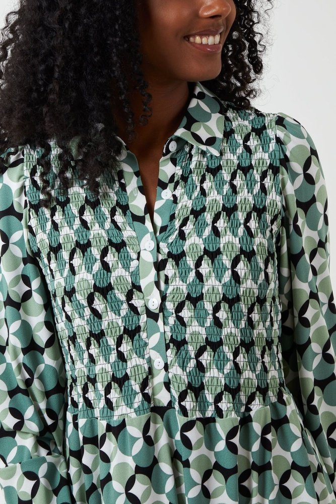 Shirred Bust Geometric Collared Dress Available in S, M, L - style-heaven