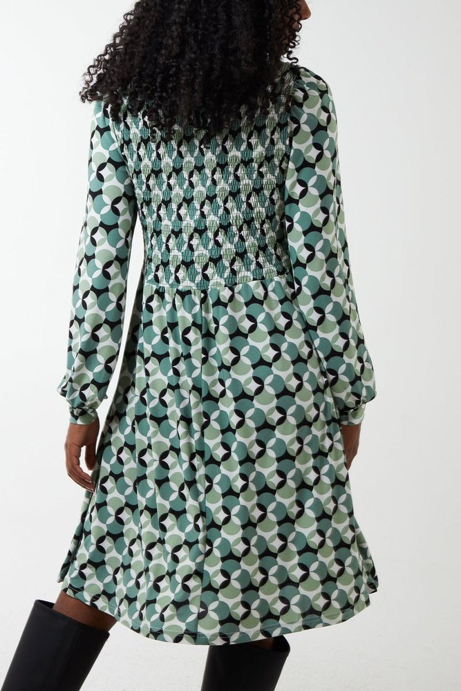 Shirred Bust Geometric Collared Dress Available in S, M, L - style-heaven