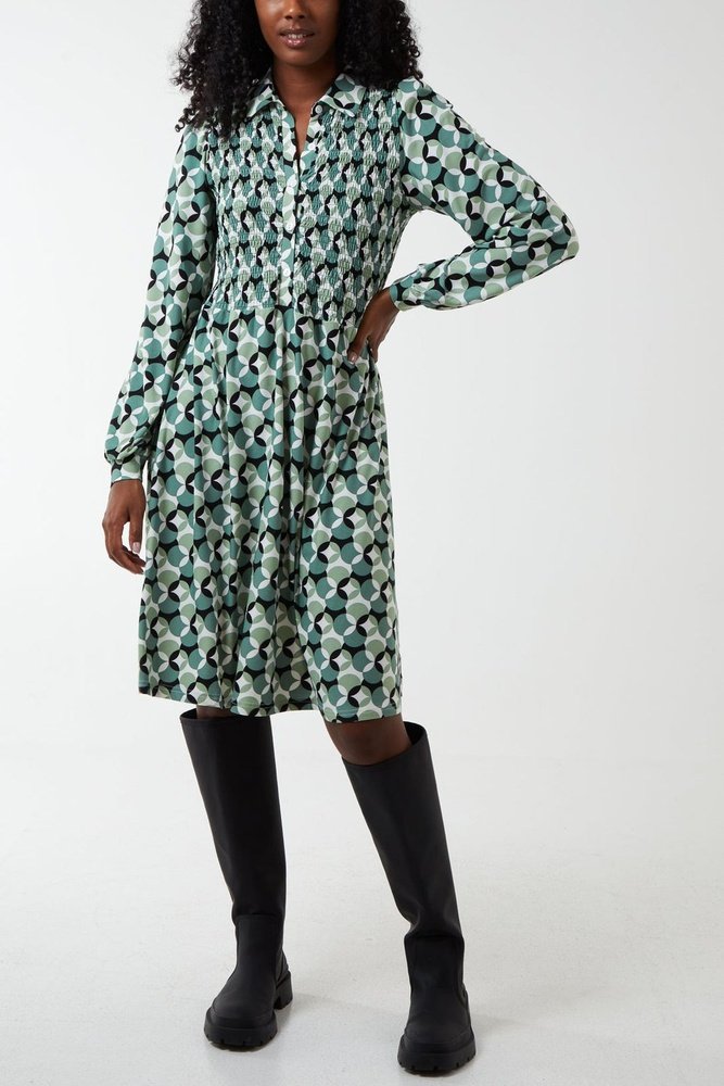 Shirred Bust Geometric Collared Dress Available in S, M, L - style-heaven
