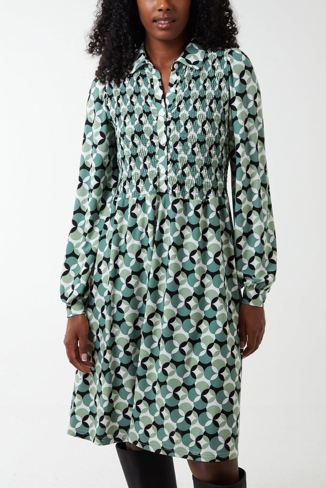 Shirred Bust Geometric Collared Dress Available in S, M, L - style-heaven