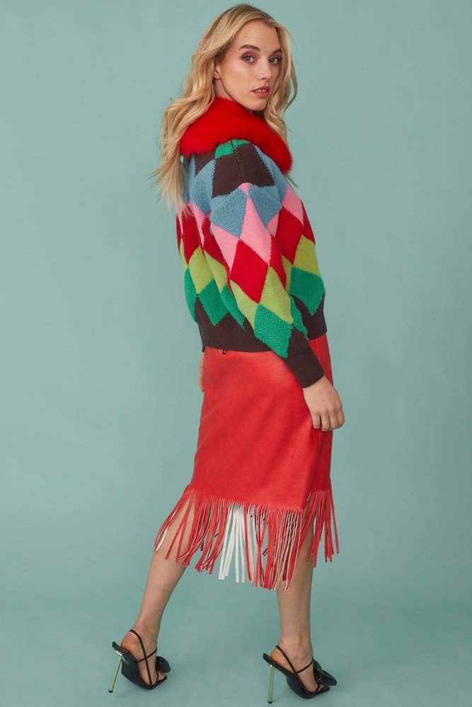 Diamond Design Banana Peel Women's Cardigan in Red and Green with Faux Fur Collar Jayley