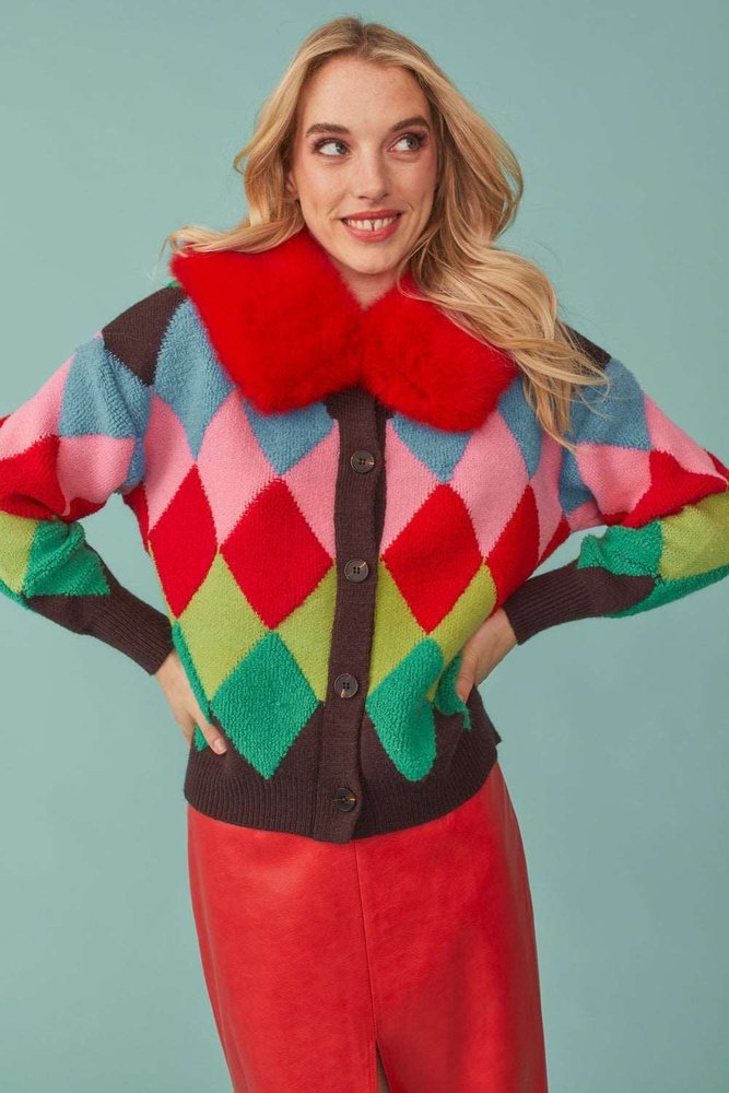 Diamond Design Banana Peel Women's Cardigan in Red and Green with Faux Fur Collar Jayley