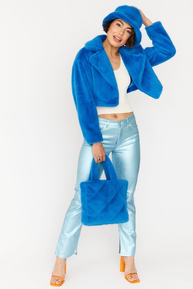 Lottie Faux Fur Tote Bag in Blue style-heaven