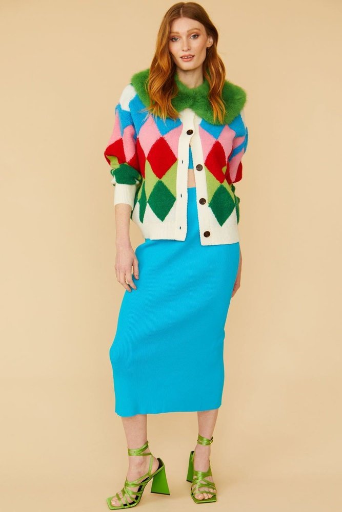Diamond Design Banana Peel Women's Cardigan in Red and Green with Faux Fur Collar Jayley
