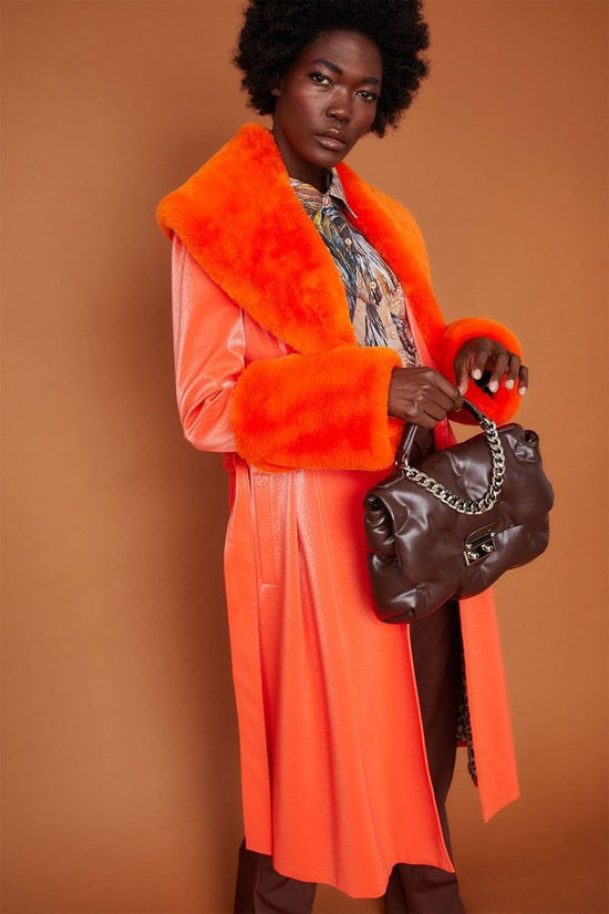 Jayley Orange Trench Style Belted Coat with Faux Fur Cuffs and Collar Jayley