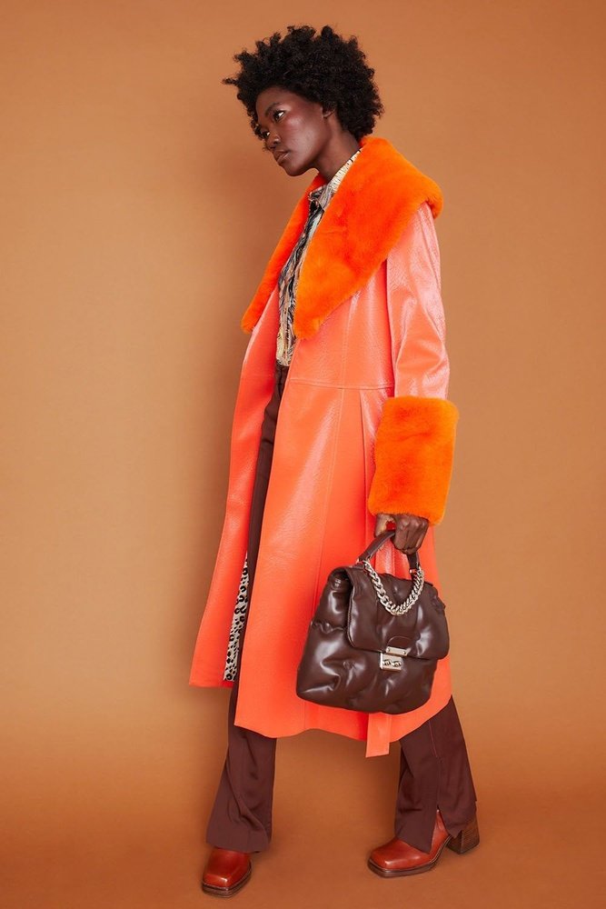 Jayley Orange Trench Style Belted Coat with Faux Fur Cuffs and Collar Jayley