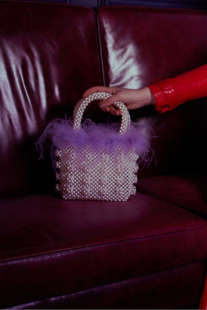 Jayley Purple Handmade Pearl Tote Bag with Feather Trim Jayley
