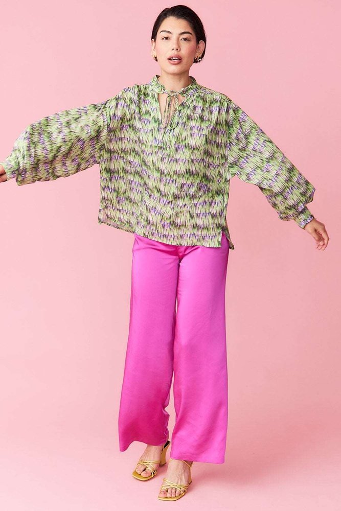 Green Silk Blend Lace Up Neckline Shirt One Size 8-16 Jayley