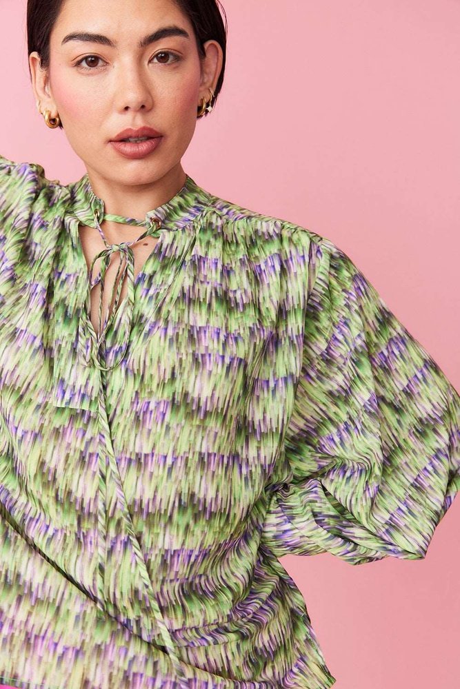 Green Silk Blend Lace Up Neckline Shirt One Size 8-16 Jayley