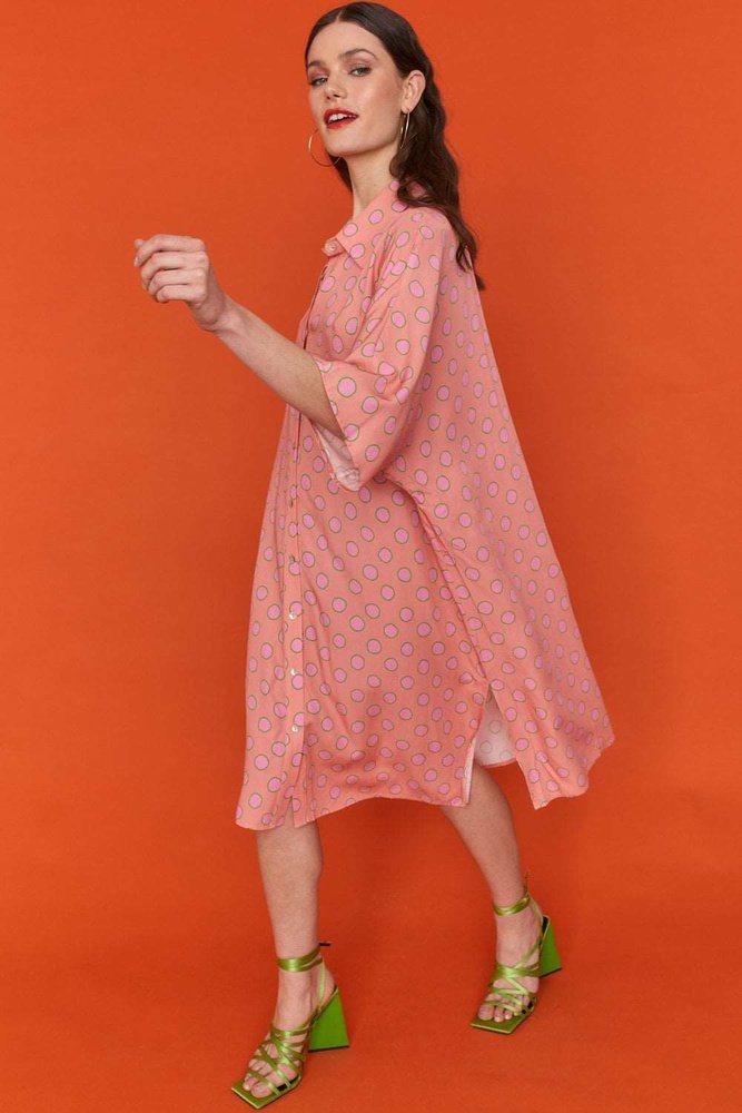 Sustainable Stunning Pink Rose Petal Fibre Polka Dot Shirt Dress One Size 8-12 Jayley