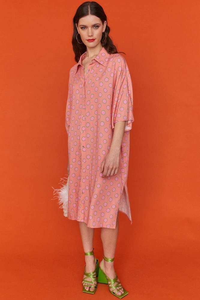 Sustainable Stunning Pink Rose Petal Fibre Polka Dot Shirt Dress One Size 8-12 Jayley