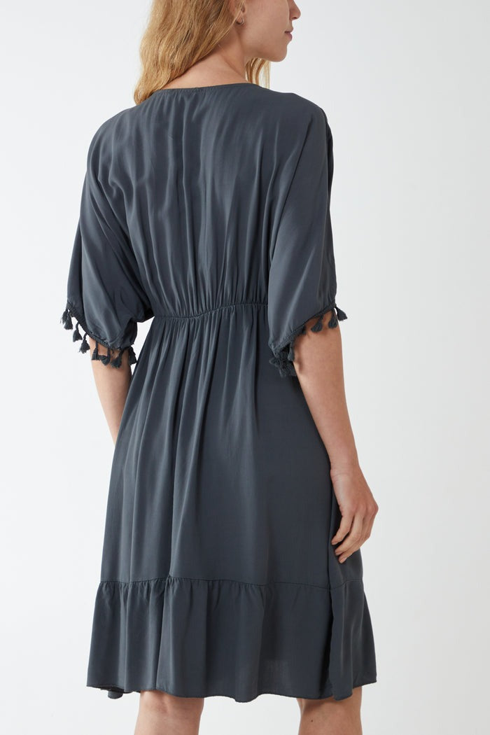 Load image into Gallery viewer, Eleanor Elasticated Detail Tassel Trim Dress Dark Grey
