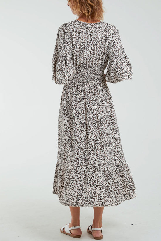 Leopard Print Shirred Bodice Midi Dress Mocha