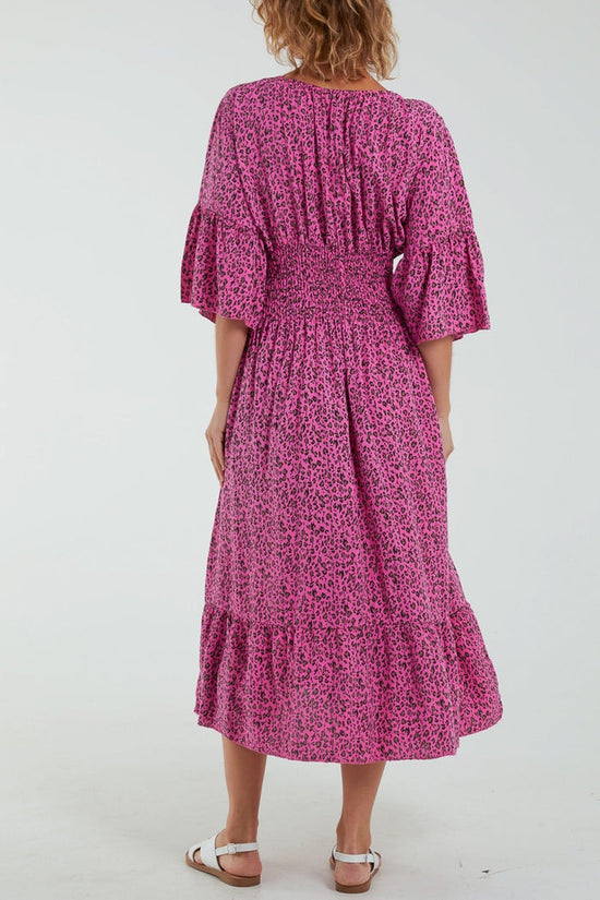 Leopard Print Shirred Bodice Midi Dress Hot Pink