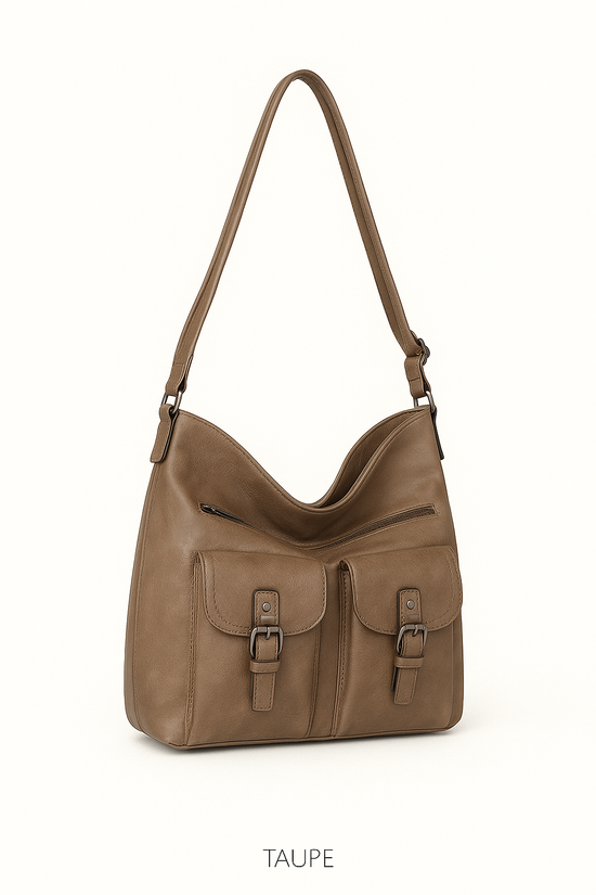 Front Two Pockets Crossbody Faux Leather- Taupe