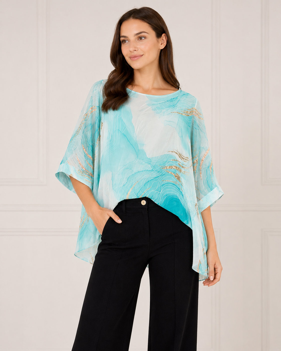 Silky Watercolour Overlay Top - Mint
