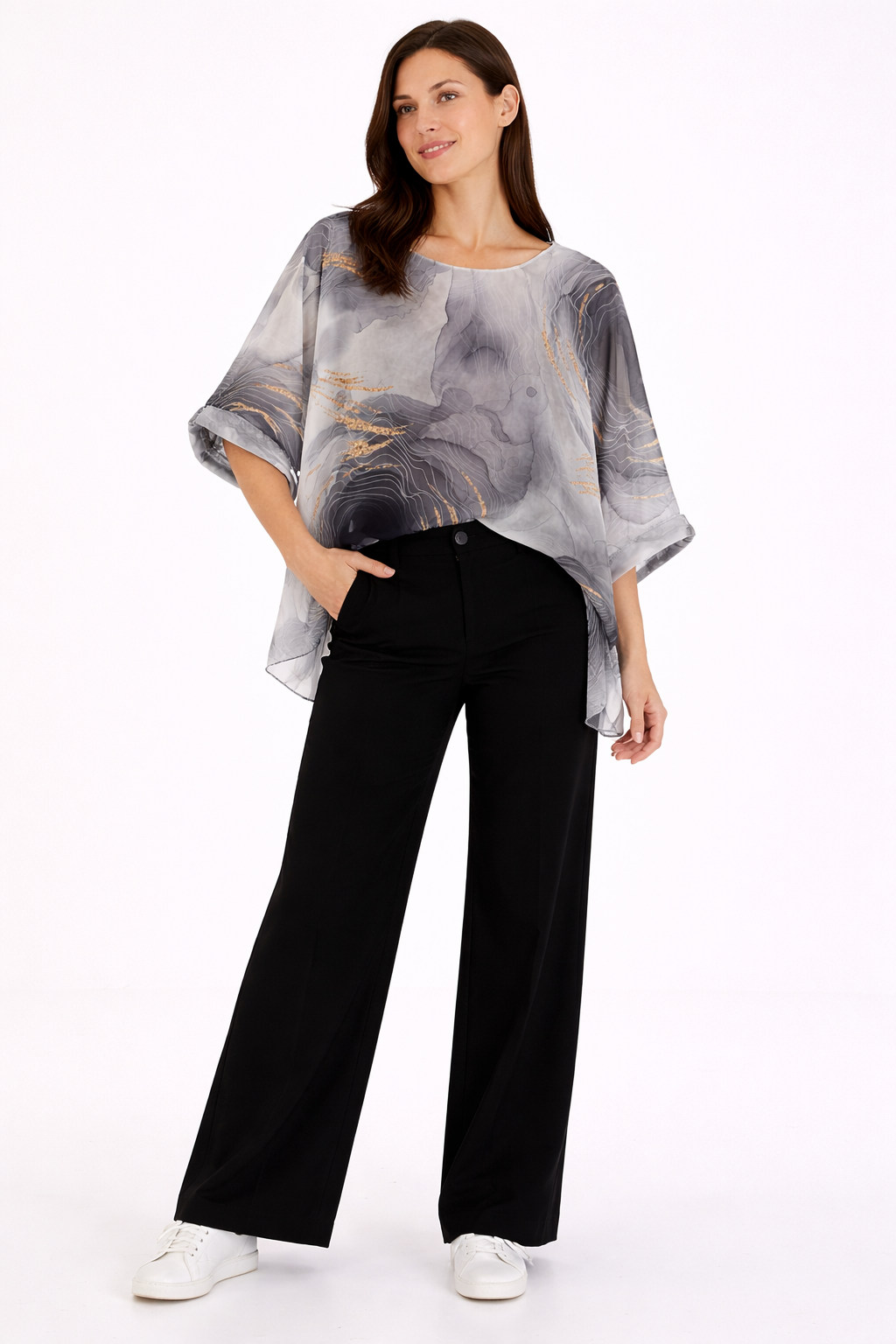 Silky Watercolour Overlay Top - Grey