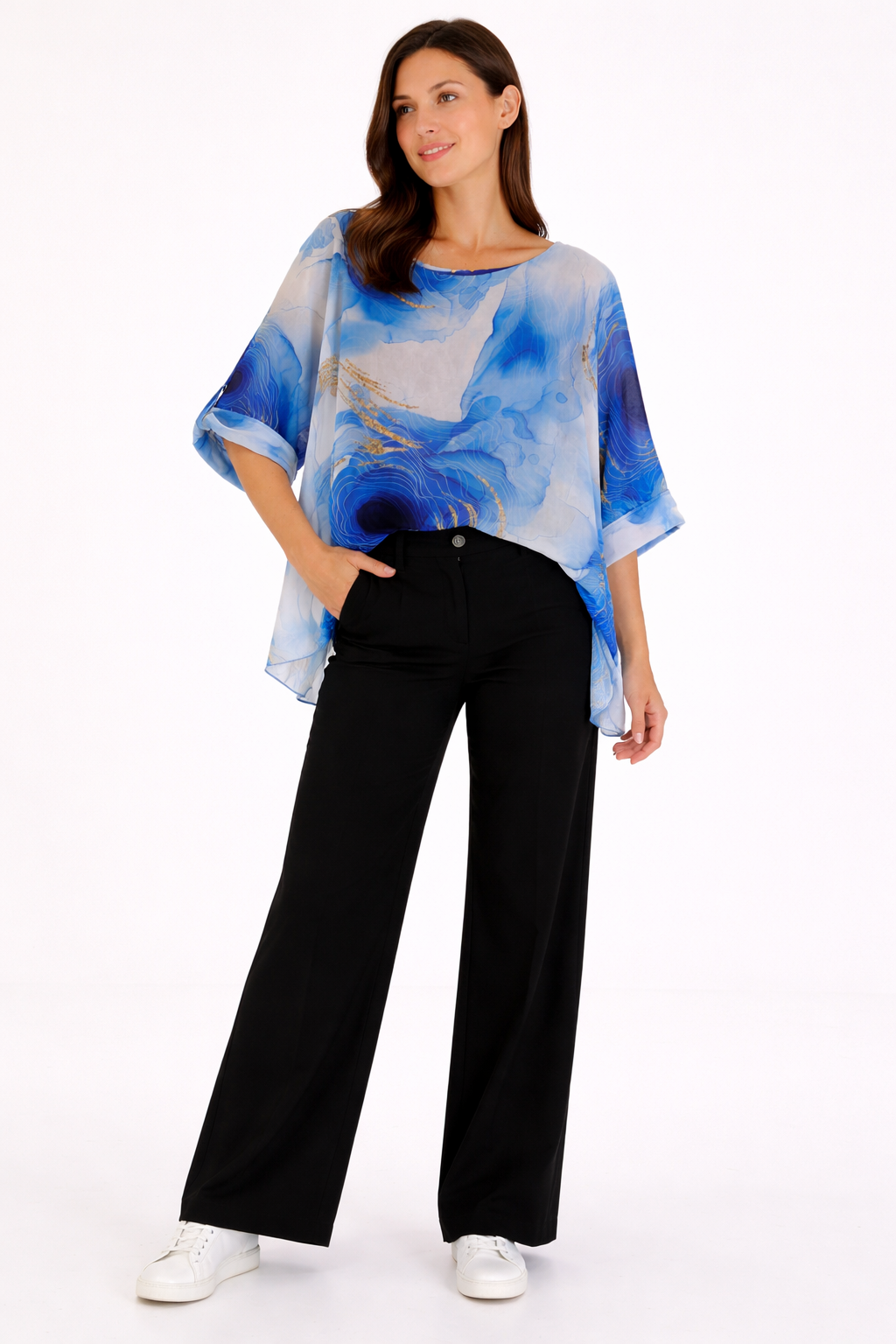 Silky Watercolour Overlay Top - Blue