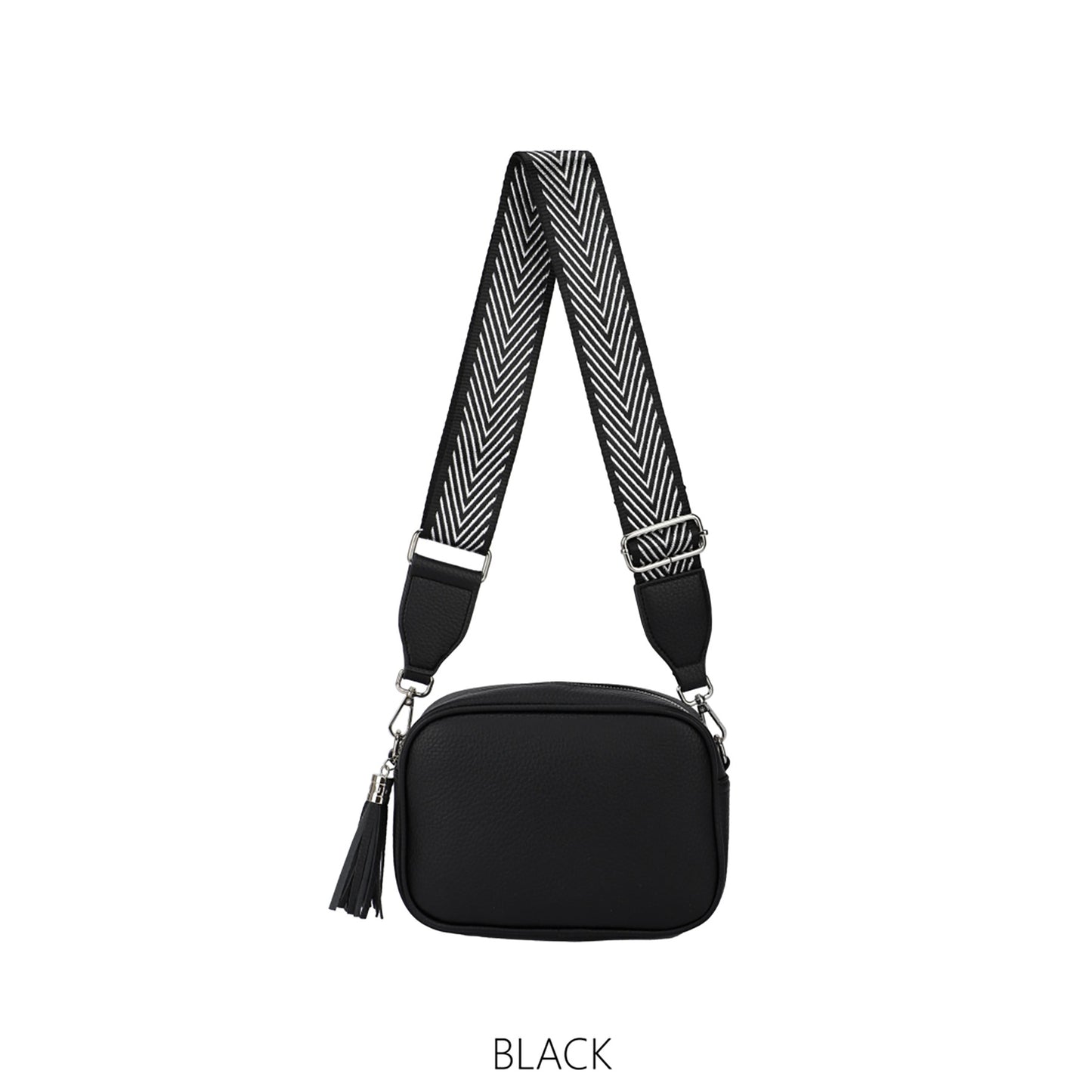 Camera Tassel Crossbody with Colourful Strap Faux Leather- Black