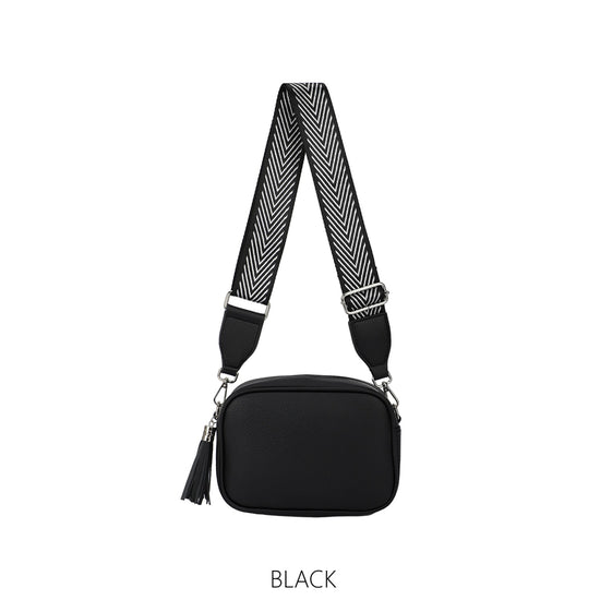 Camera Tassel Crossbody with Colourful Strap Faux Leather- Black