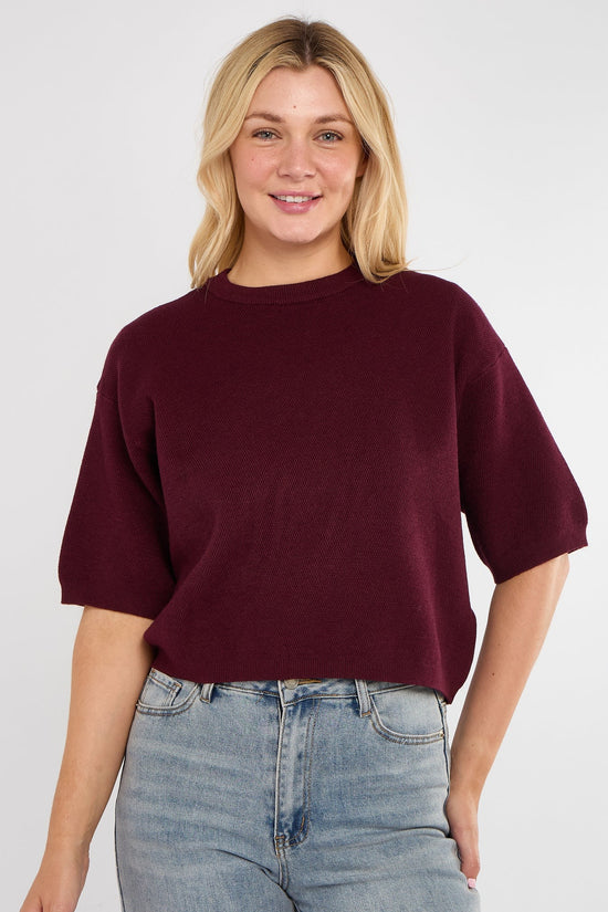Waffle Knit Boxy Jumper - Burgundy