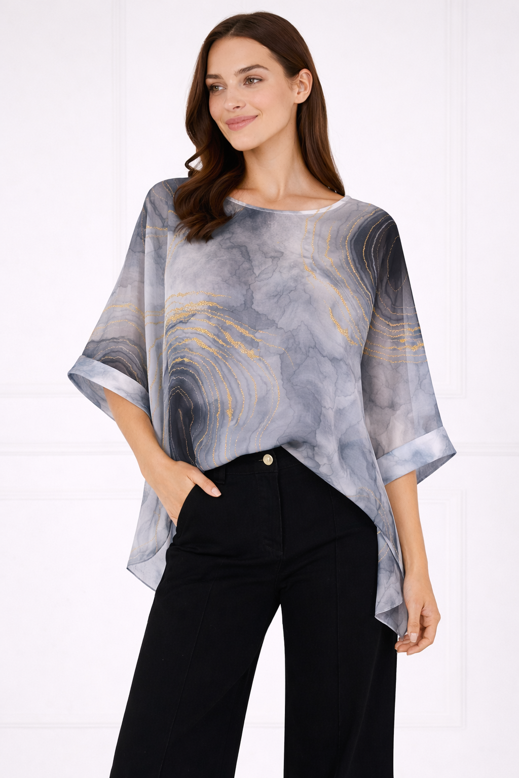 Silky Watercolour Overlay Top - Grey