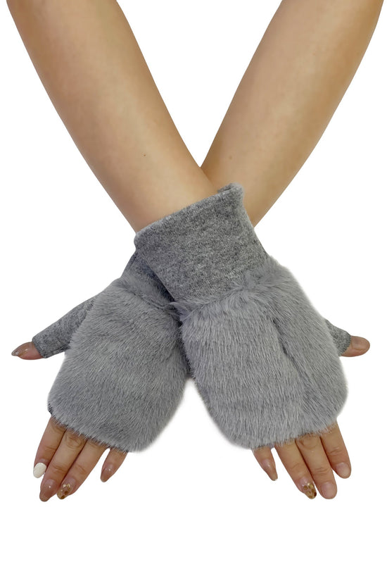 Faux Fur Fingerless Wrist Warmers - Grey