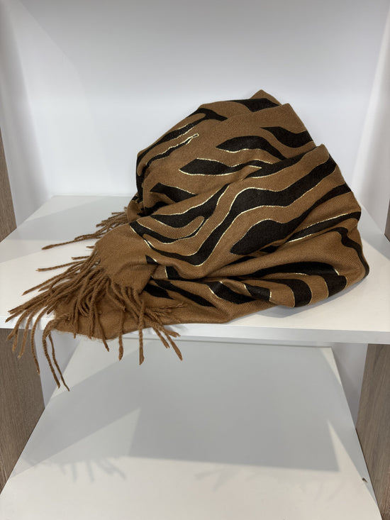 Black and tan printed scarf with gold detail