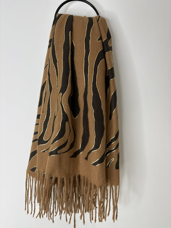 Black and tan printed scarf with gold detail