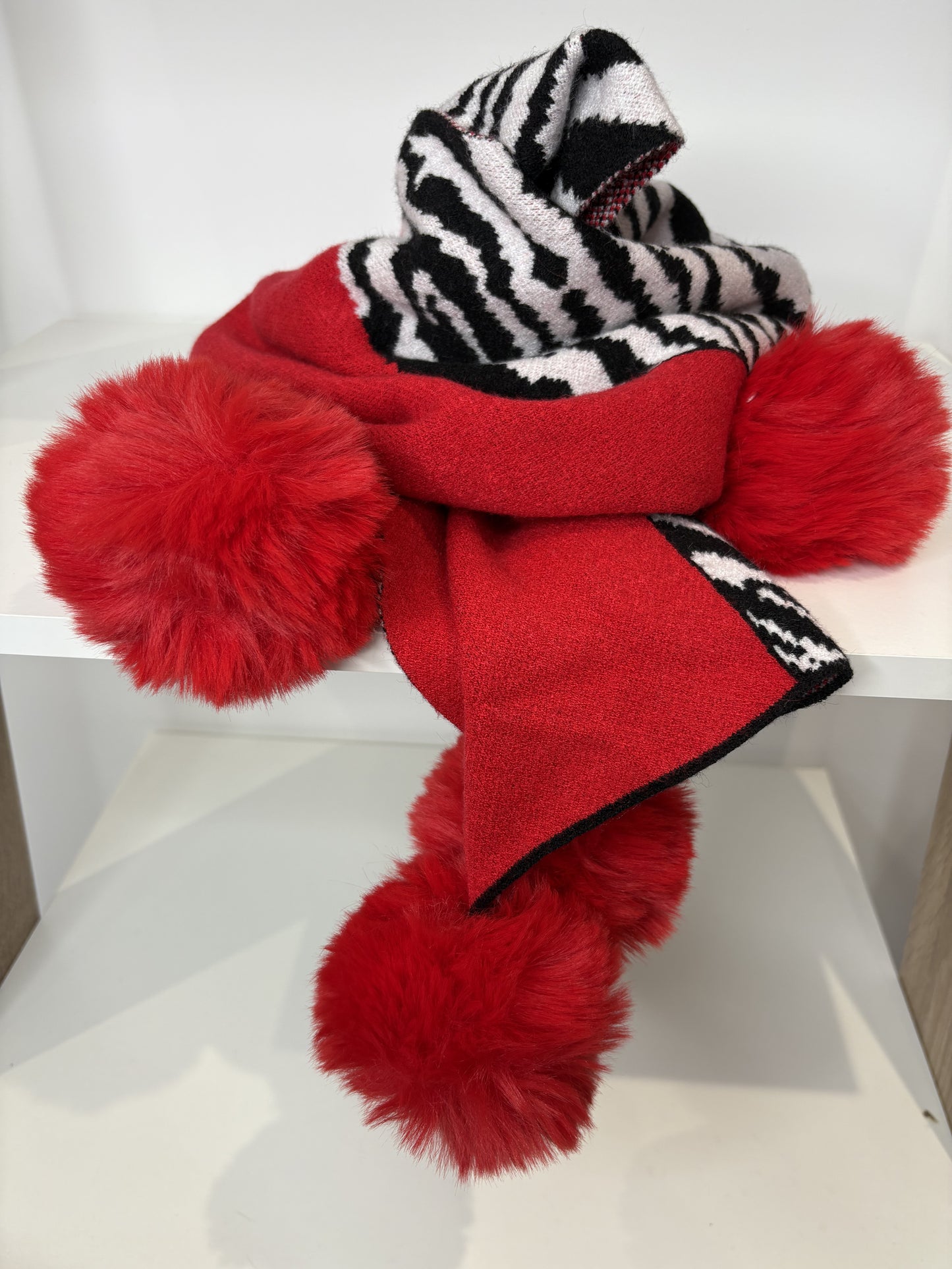 Red zebra print bobble scarf