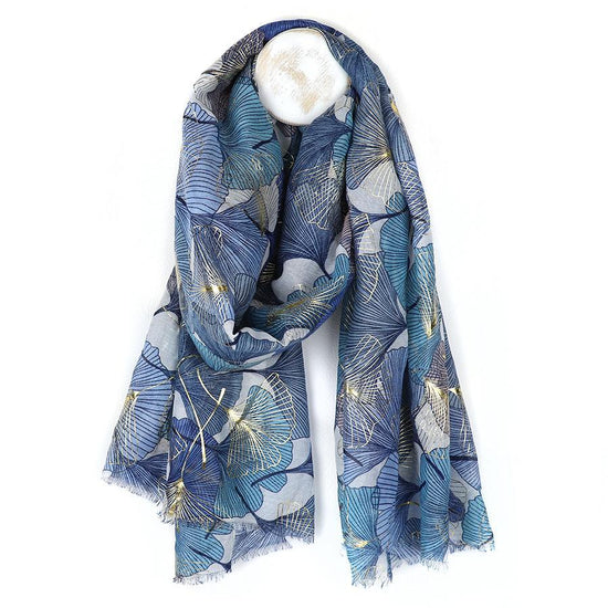 Blue and Gold Metalic Print Scarf