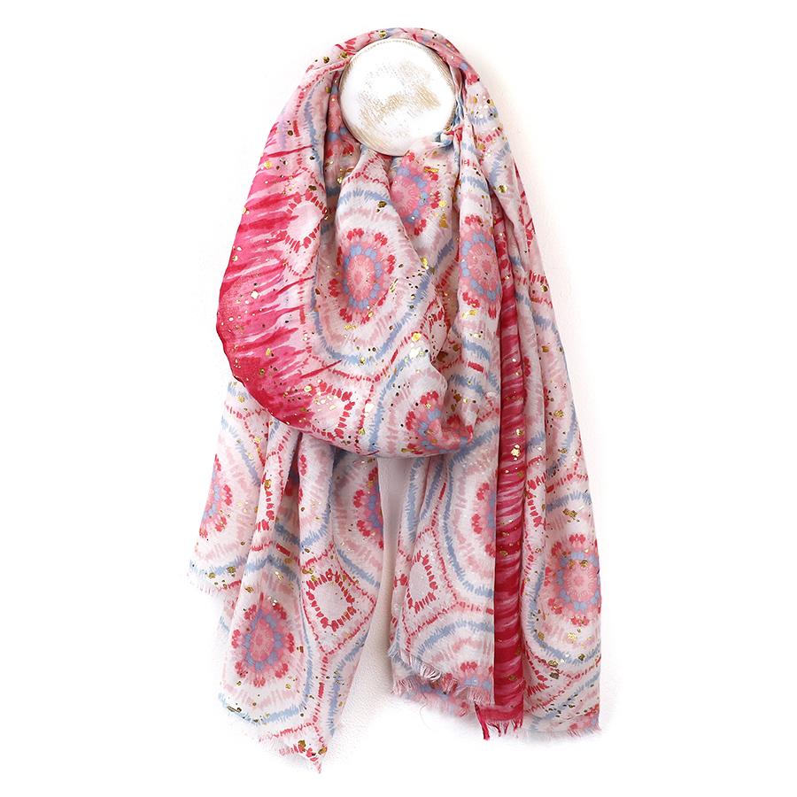 Red and Pink Abstract Circle Print Scarf With Metalic Overlay