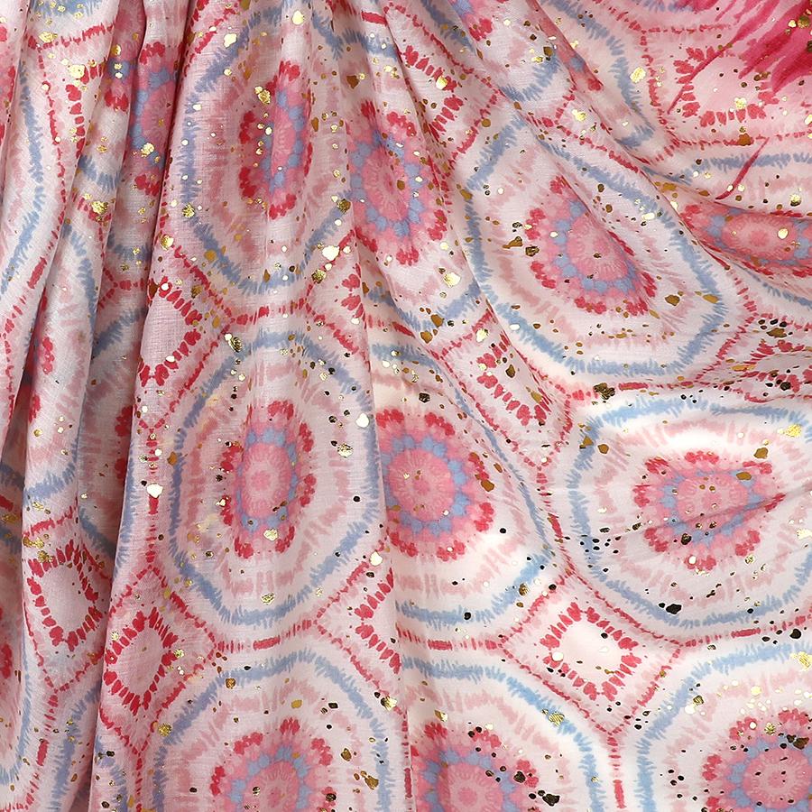 Red and Pink Abstract Circle Print Scarf With Metalic Overlay