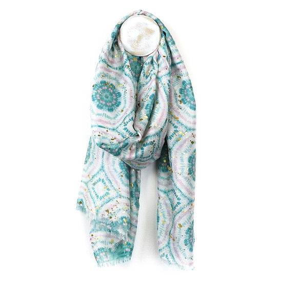 Teal Abstract Circle Print Scarf With Metalic Overlay