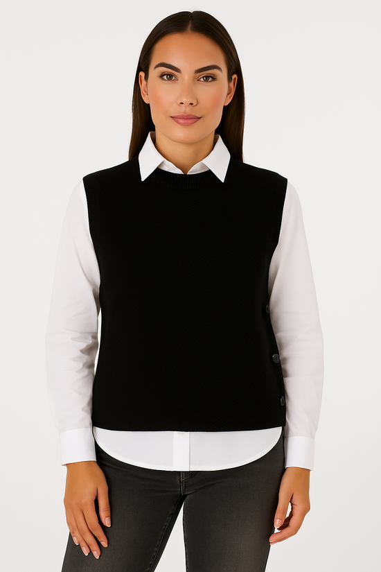 Herringbone Ribbed Side Button Gilet- Black